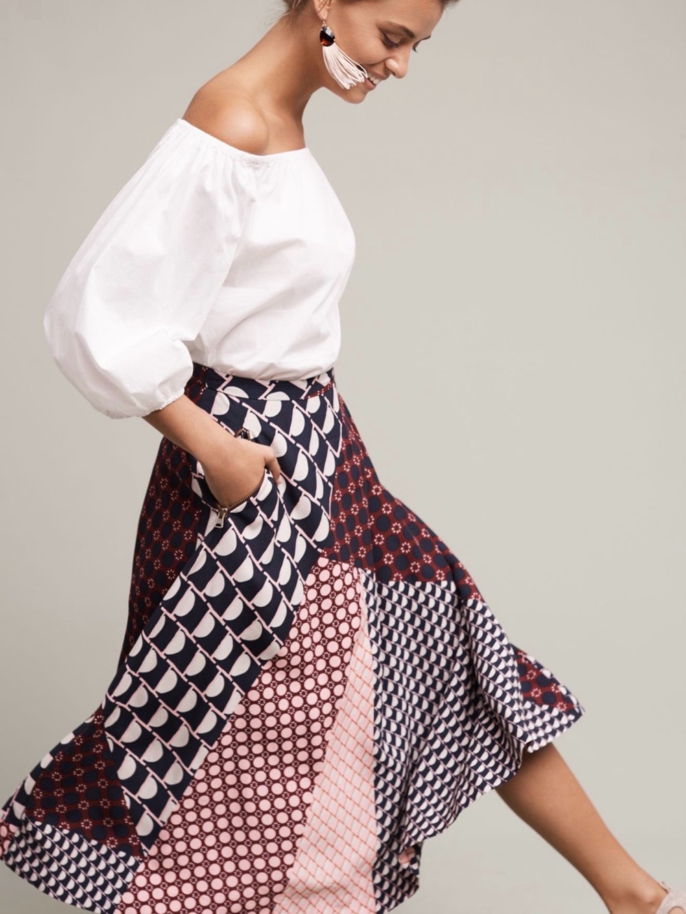 HD in Paris Patchwork Midi Skirt in Navy, Pink, White